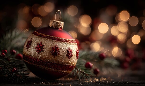 Red and gold glittery christmas bauble with fir branches and berries, creating a warm festive bokeh background - Powered by Adobe