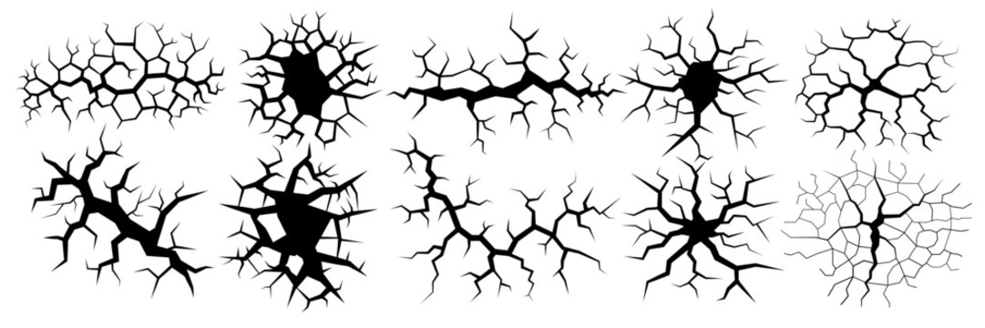 Ground cracks vector icon set. Ground crack or fissure, breaks on land surface, crevices disaster or drought, black fractures top view, crack pattern background, broken, wall, glass concrete cracked.