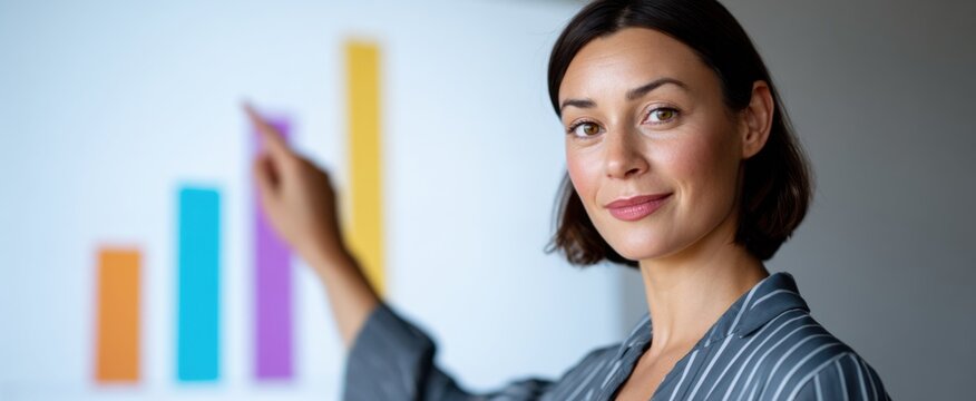 businesswoman showcasing a vibrant progress graph while speaking to the audience