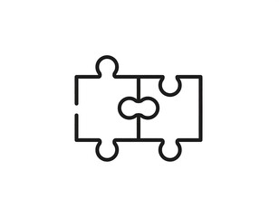 Two interlocking jigsaw pieces, presented as a simple, clean black line icon on a white background