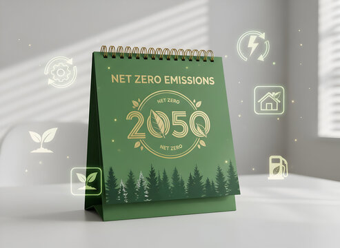 Green net zero emissions calendar with 2050 target date for sustainability initiatives in a bright, clean environment
