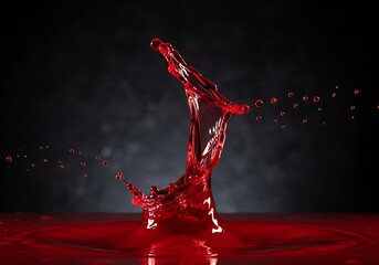 Dramatic and abstract splash of vibrant red liquid frozen in motion, creating an artistic shape against a dark, moody background