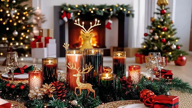 Festive Christmas Table Setting: A warm, inviting tableau of holiday spirit, complete with glowing candles, a roaring fireplace, and meticulously arranged decorations. 