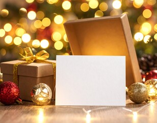 A festive and minimalist composition featuring a standing vertical white card and a simple, unbranded brown kraft box, offering excellent copy space. The scene is decorated with vibrant red and metall