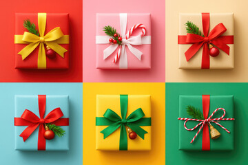 Décorations de Noël et cadeaux colorés en composition flat lay