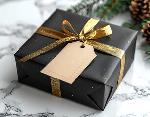 An elegant black (or dark gray) square gift box tied with a satin golden ribbon and bow. A blank, lined paper tag hangs from the ribbon, offering perfect copy space for text or a logo. The gift is pla