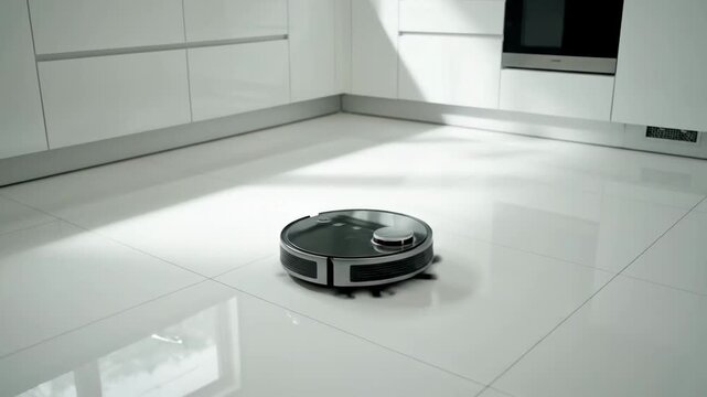 Robotic vacuum cleaner working on tile kitchen floor in home