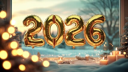 "Celebratory New Year 2026 Balloons in Cozy Winter Sunset Scene"