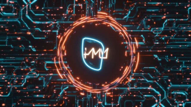 Design of a moving particle flow in a circle, abstract network background. Concept of crypto currency, big data, block chain and digital technology. 3d animation with free copy space for text or logo