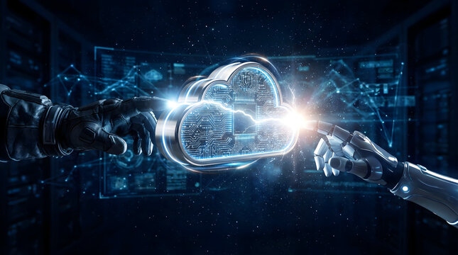 Human and AI hands connecting to digital cloud, futuristic collaboration for seamless data transfer and technology