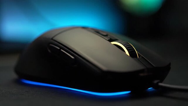 Close-up of computer mouse with vibrant lighting details on desk