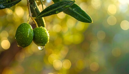 Two green olives hang from a branch, glistening with droplets against a blurred, golden, bokeh background
