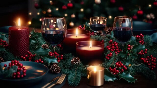 Holiday Table Elegance: An inviting holiday table is set for a festive celebration, featuring sparkling glassware, warm candlelight, and a lush garland, evoking the spirit of the season.
