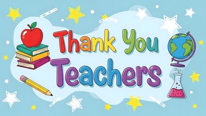 Obraz premium Colorful Thank You Teachers Banner with School Elements and Science Icons