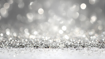 Silver sparkles falling on icy white background with glowing festive edges and clear middle
