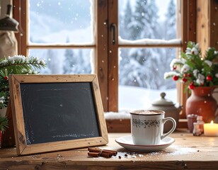 A cozy, rustic winter scene featuring a small blank chalkboard with copy space, placed on a wooden windowsill. Next to it stands a mug of hot cocoa or coffee topped with marshmallows and surrounded by