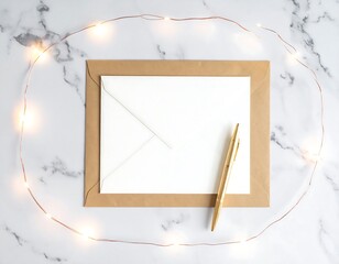 A sophisticated flat lay composition featuring a blank white envelope resting on a simple kraft paper surface, framed by delicate, warm string lights. A stylish golden pen lies on top, ready for writi