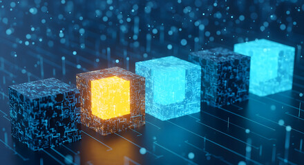Modern blockchain technology concept with glowing cyber cubes for digital innovation and network security solutions