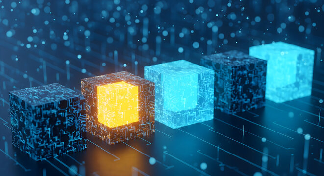 Modern blockchain technology concept with glowing cyber cubes for digital innovation and network security solutions