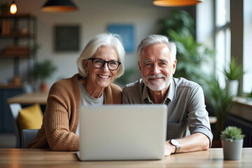 Elderly couple working side by side in coworking area. Senior couple with laptop in stylish office. Older partners engaged in shared task.