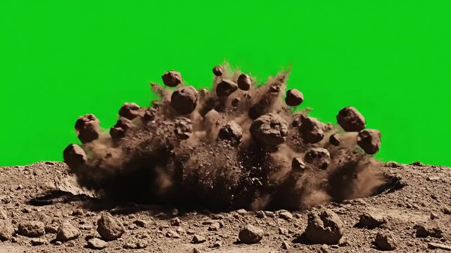 Extreme Close-Up Soil Dispersal with bullet hit on dirt chunks and debris flying dusty explosion black background green screen alpha channel close up variations distortion, overlay, glitch, static