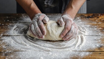 Close-Up of Artisan Bakers Flour-Dusted Hands Expertly Shaping Rustic Sourdough Bread Dough on Distressed Wooden Table Surface