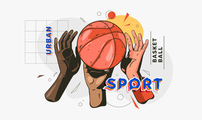 Dynamic basketball match illustration featuring athletes reaching for the ball, showcasing competitive energy, urban sport style, national athletic spirit, and modern graphic movement. National Sport