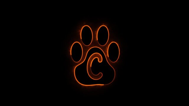 Neon letter C with neon paw, Neon orange alphabet C glowing in the dark, light shine the best digital symbol,3d render Education concept.