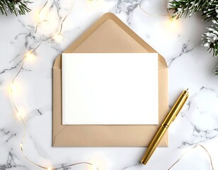 A sophisticated flat lay composition featuring a blank white envelope resting on a simple kraft paper surface, framed by delicate, warm string lights. A stylish golden pen lies on top, ready for writi