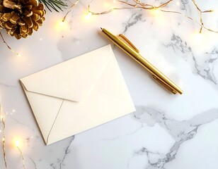 A sophisticated flat lay composition featuring a blank white envelope resting on a simple kraft paper surface, framed by delicate, warm string lights. A stylish golden pen lies on top, ready for writi