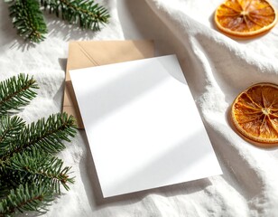 A bright, minimalist flat lay composition featuring a vertical blank white card for copy space, nestled on a soft, wrinkled white textile surface. The card is decorated with natural Christmas elements