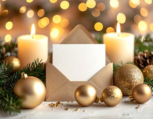 A romantic and festive close-up scene featuring an open kraft paper envelope with a blank white card inside, perfect for a personalized message. The card is framed by two glowing white candles and ele