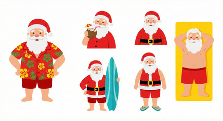 Obraz premium Santa Claus relaxing on a tropical vacation with surfboard and cocktails