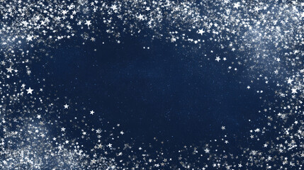 Silver star confetti cascade around deep navy background forming sparkling festive frame 