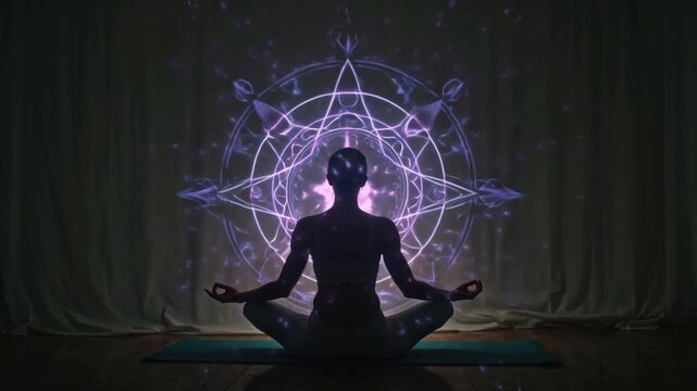Yoga meditation silhouette parson lotus pose, spiritual body relaxation crown chakra lotus meditation glowing nebula galaxy Connect subconscious concept mindfulness, inner peace, energy alignment