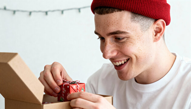 Happy young man opening a Christmas box with a gift inside. Close-up of a smiling person receiving a holiday present. Surprise and joy during the festive season