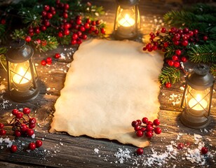 An atmospheric and dramatic festive scene featuring a blank piece of aged, burnt-edge parchment paper, offering unique copy space. The paper is illuminated by the soft, warm glow of three antique oil 