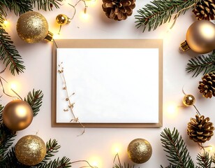 An elegant flat lay composition featuring a white, blank horizontal book or photo album mockup, offering excellent copy space for titles or designs. The book is framed by Christmas decorations, includ
