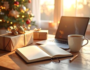 A cozy holiday work scene featuring an open blank notebook, a laptop, and a mug of coffee on a rustic wooden desk. The composition includes two wrapped gifts tied with twine, symbolizing Christmas sho