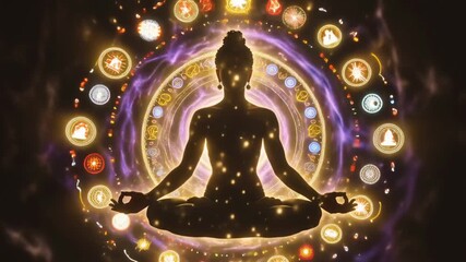 Yoga meditation silhouette parson lotus pose, spiritual body relaxation and peace, chakra energy zen light crown chakra lotus meditation glowing nebula galaxy Connect subconscious concept mindfulness - Powered by Adobe