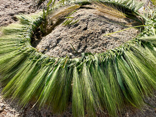 A hand-woven wreath of grass stalks
