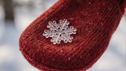 Close up of a snowflake resting on a red knitted mitten in the snow.