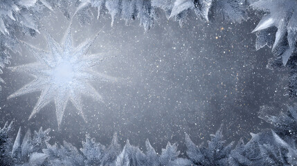 Silver starburst holiday frame with sparkling dust and icy edges on cool-toned background 
