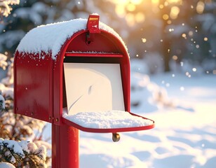 An iconic red American-style mailbox, covered in fresh snow, with the flag up and the door slightly ajar, revealing a blank white letter or envelope inside. The scene is set outdoors in a beautiful, s