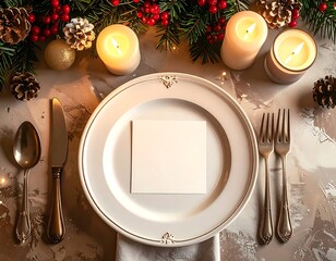 A sophisticated top-down view of an elegant holiday table setting. A white plate with gold rim holds a blank horizontal white card, perfect for a menu or personalized place card. The setting includes 
