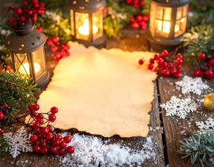 An atmospheric and dramatic festive scene featuring a blank piece of aged, burnt-edge parchment paper, offering unique copy space. The paper is illuminated by the soft, warm glow of three antique oil 
