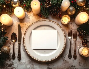 A sophisticated top-down view of an elegant holiday table setting. A white plate with gold rim holds a blank horizontal white card, perfect for a menu or personalized place card. The setting includes 