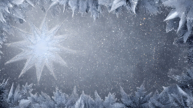 Silver starburst holiday frame with sparkling dust and icy edges on cool-toned background 
