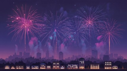 Vibrant Night Cityscape with Fireworks Celebration, Urban Skyline, Purple Hues