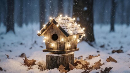 Cozy Birdhouse Decorated with Twinkling Lights in a Snowy Forest.